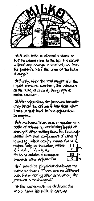 A milk bottle is allowed to stand so that the cream rises to the top. This occurs without any change in total volume. Does the pressure near the base of the bottle change ?
Surely, since the total weight W of the liquid remains constant, the pressure on the base, of area A, being W/A remains constant.
After separation, the pressure immediately below the cream is less than what it was before separation. So maybe .  .  .
A mathematician uses a regular milk bottle of volume V, containing liquid of density d. After settling, the liquid is separated into two components of density d_1 and d_2, which occupy volumes of V_1 and V_2 respectively. As per the diagram for the mathematician's milk bottle, V_1 = h_1*A_1 and V_2 = h_2*A_2 , where h_1 and h_2 are the heights of the respective component volumes. The mathematician starting from this basis calculates a change in pressure after separation -- or is there one ?
A would-be-physicist (wbp) challenges the mathematician. 