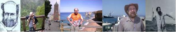 photo montage banner ofDr Harvey Cohen cartoon, at Mitchell's Falls, Apostles by bike, at Eden, thowing boomerang